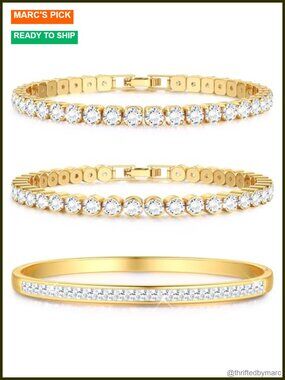 18K Gold Plated Tennis Bracelet Set Cubic Zirconia Stackable Bangle